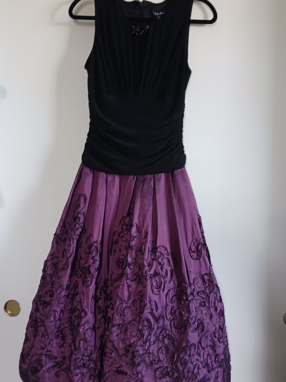 S.L. Fashions Black and Purple Embroidered Sleeveless Prom Dress